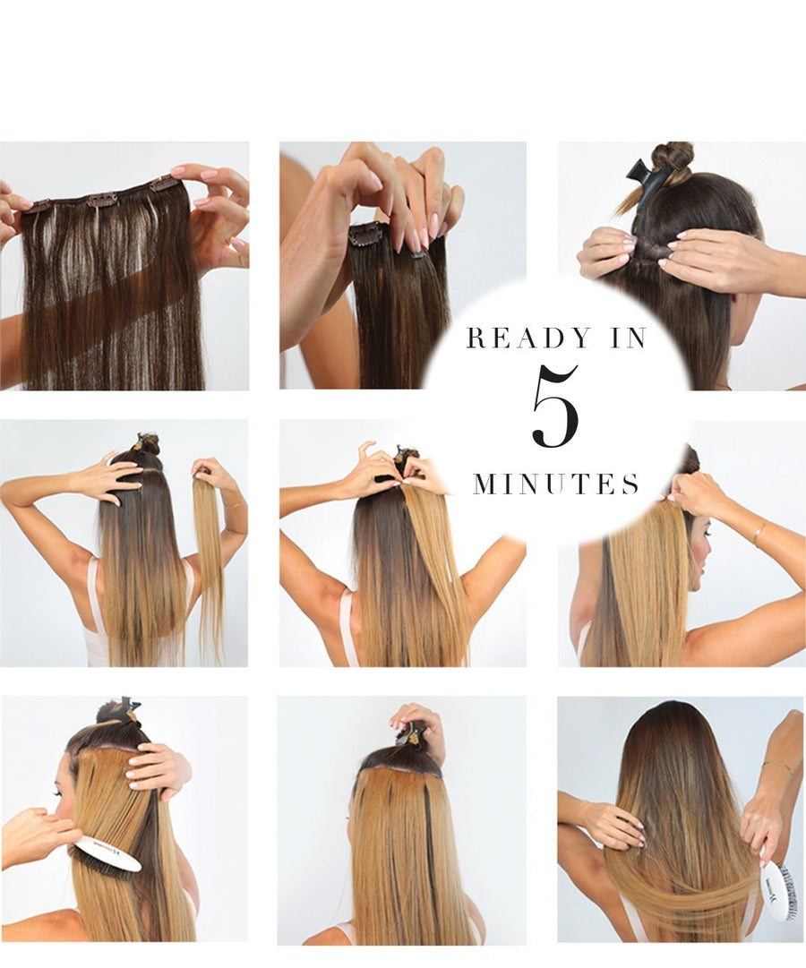 Premium Remy Clip-In Extensions – application steps, ready in 5 minutes